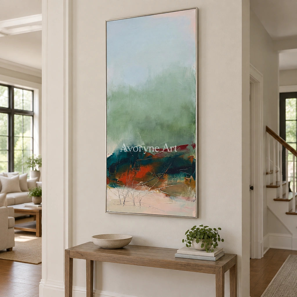 Pale Vista nature brushwork wall art with a silver frame in an entryway