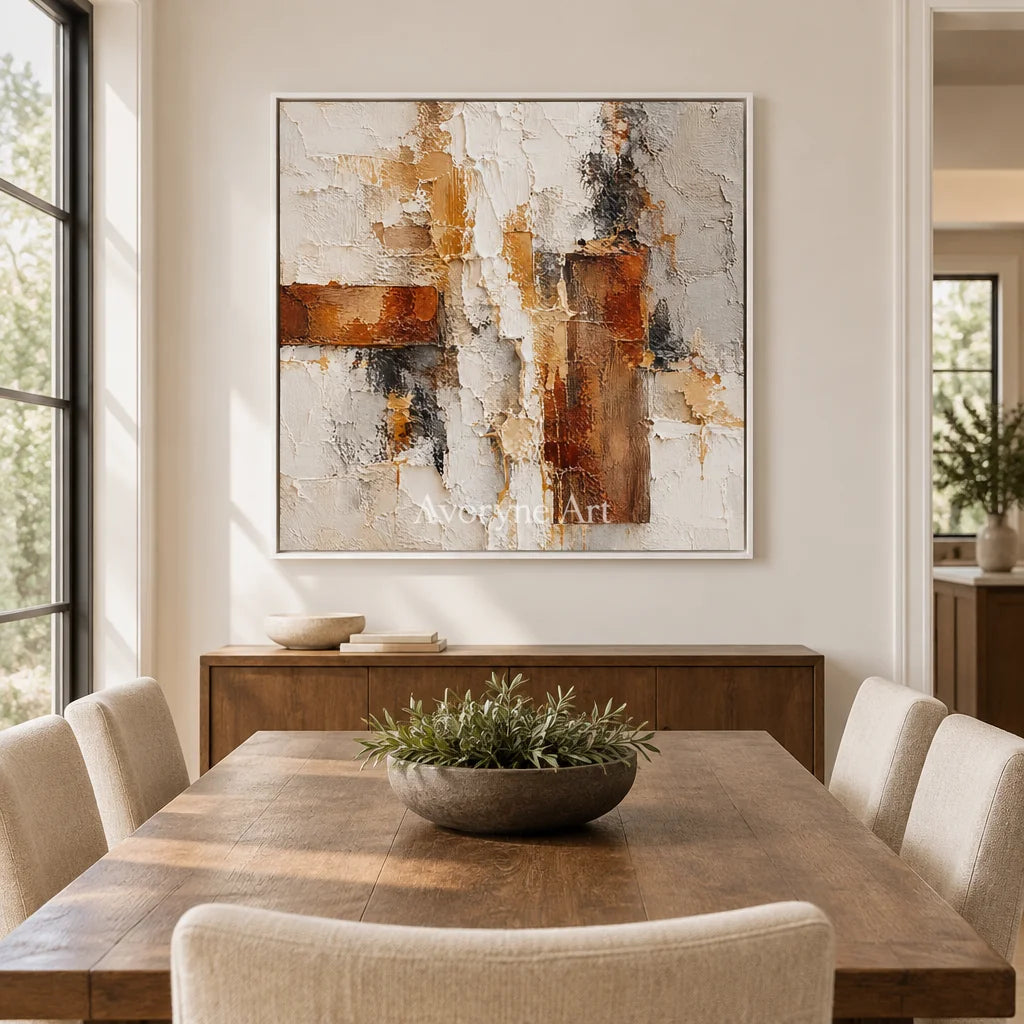Rust and Chalk: Neutral Abstract Impasto Wall Art — dining white