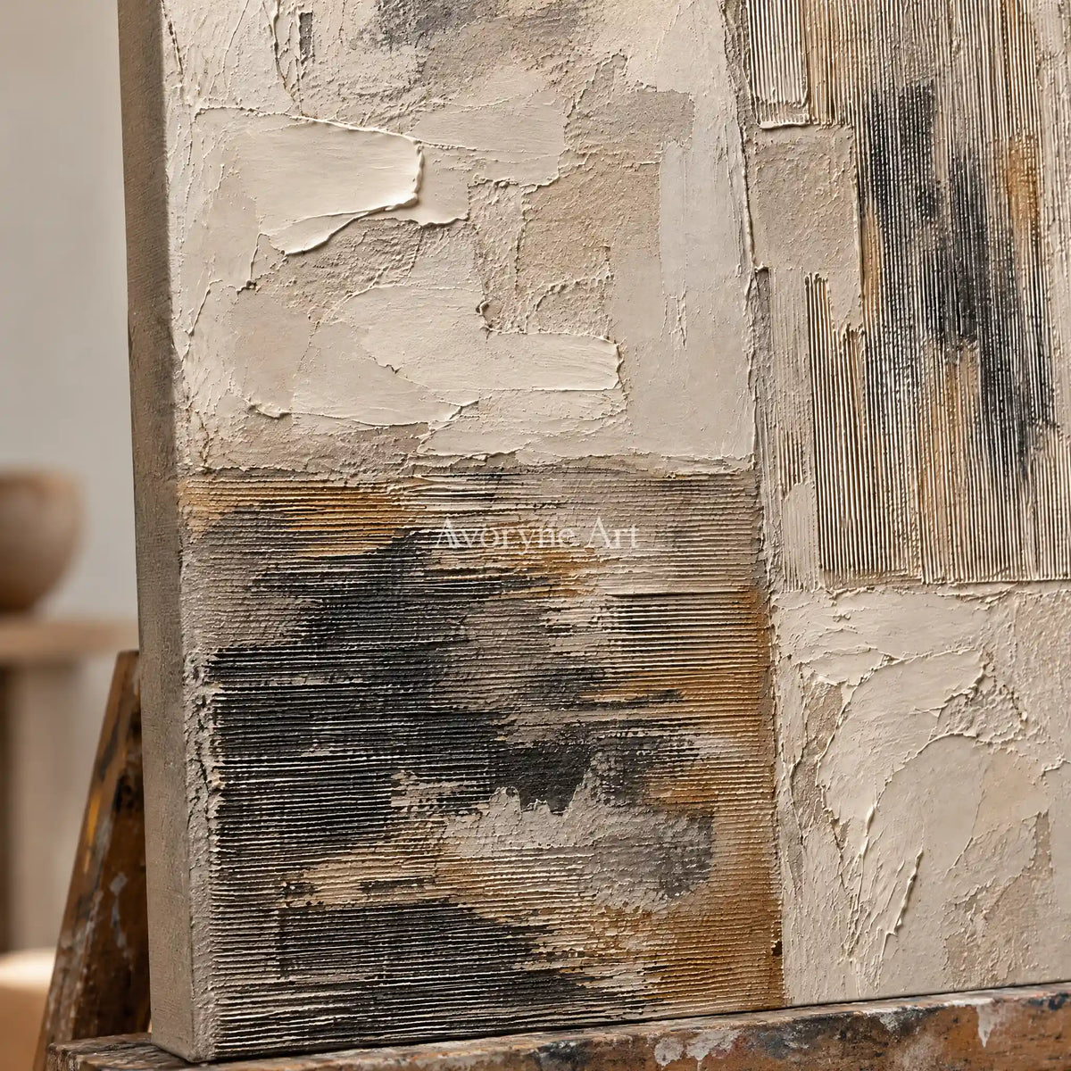 Chalk Divide: Neutral Abstract Texture Wall Art — detail easel