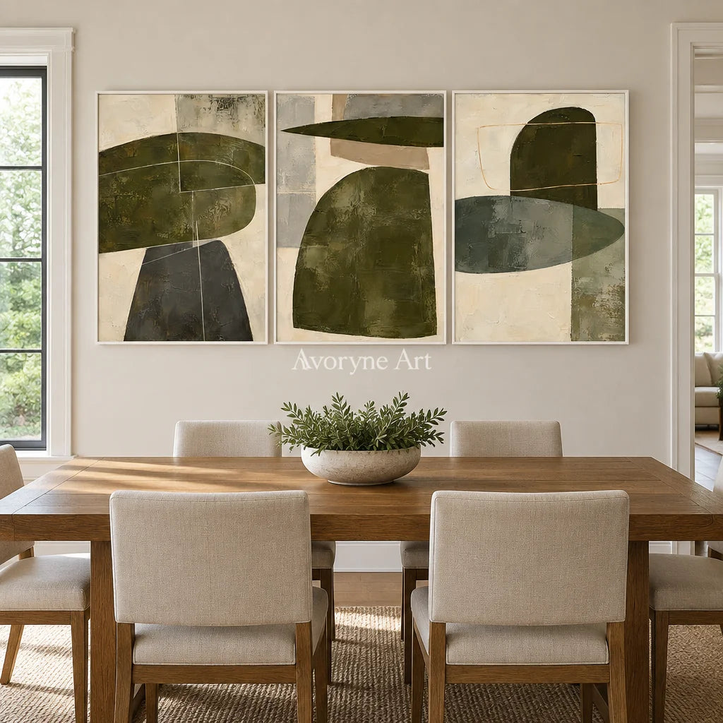 Pebble Cadence: Neutral Abstract Triptych Wall Art — dining white