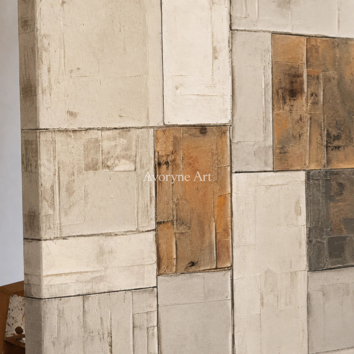 Ochre Assembly: Neutral Architectural Abstract Wall Art — detail easel