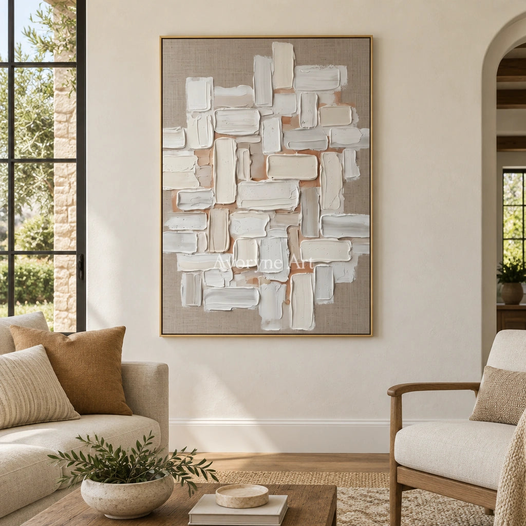 Misted Horizon neutral block relief wall art with a gold frame hanging in a living room