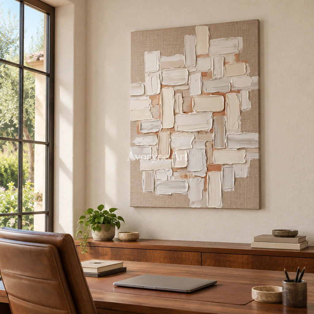 Misted Horizon neutral block relief wall art as a frameless stretched canvas in a home office