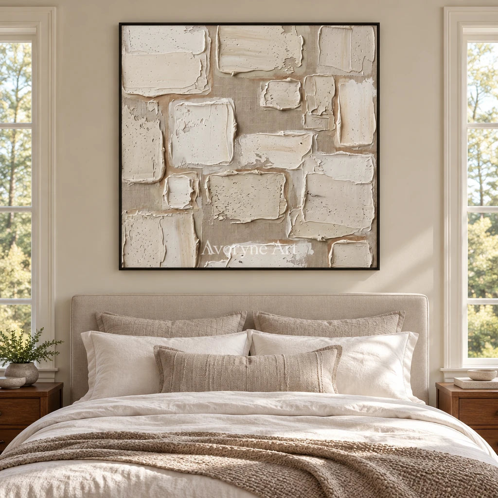 Misted Verse neutral block relief wall art with a black frame above a bed in a bedroom
