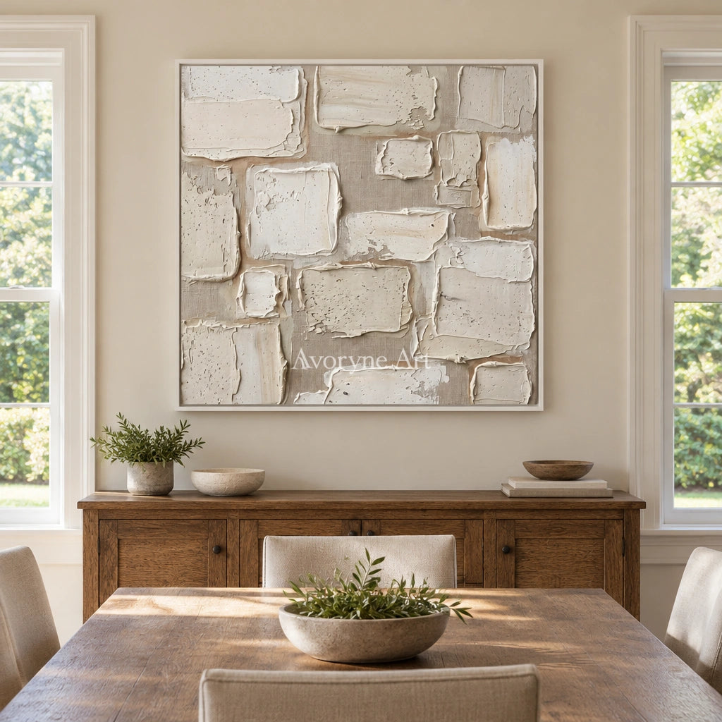 Misted Verse neutral block relief wall art with a white frame in a dining room
