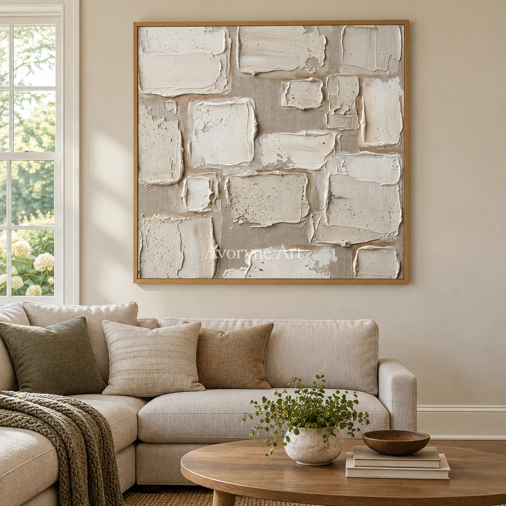 Misted Verse neutral block relief wall art with a wood frame in a villa living space