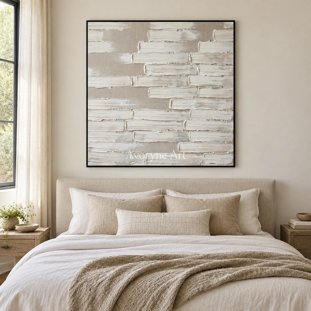 Misted Cadence neutral block relief wall art with a black frame above a bed in a bedroom