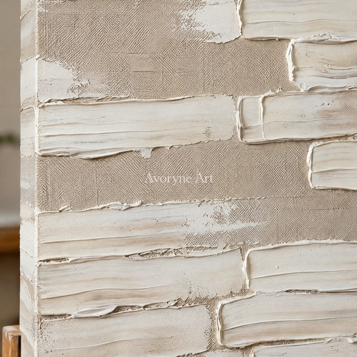 Close-up of the hand-painted texture of Misted Cadence neutral block relief wall art on an easel