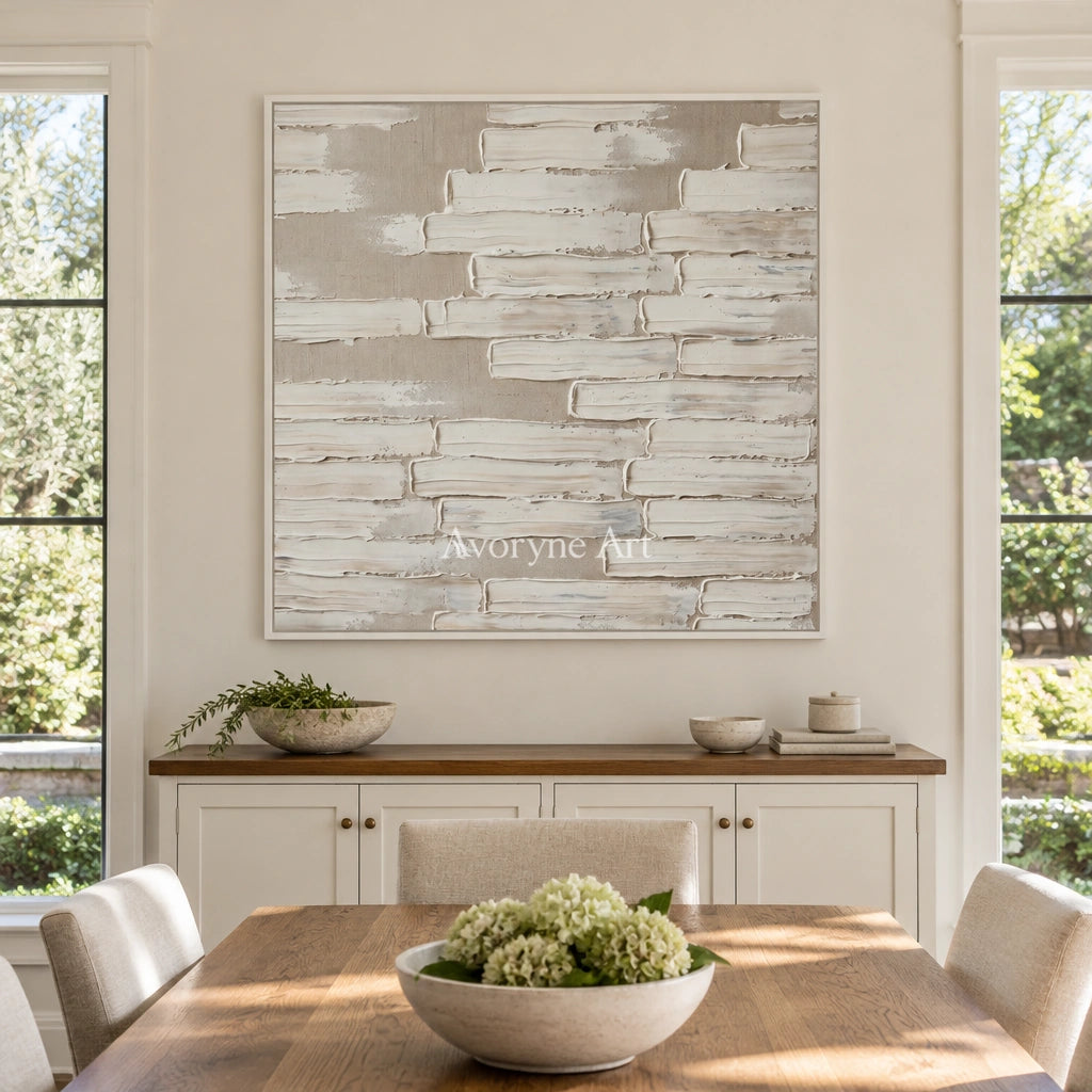 Misted Cadence neutral block relief wall art with a white frame in a dining room