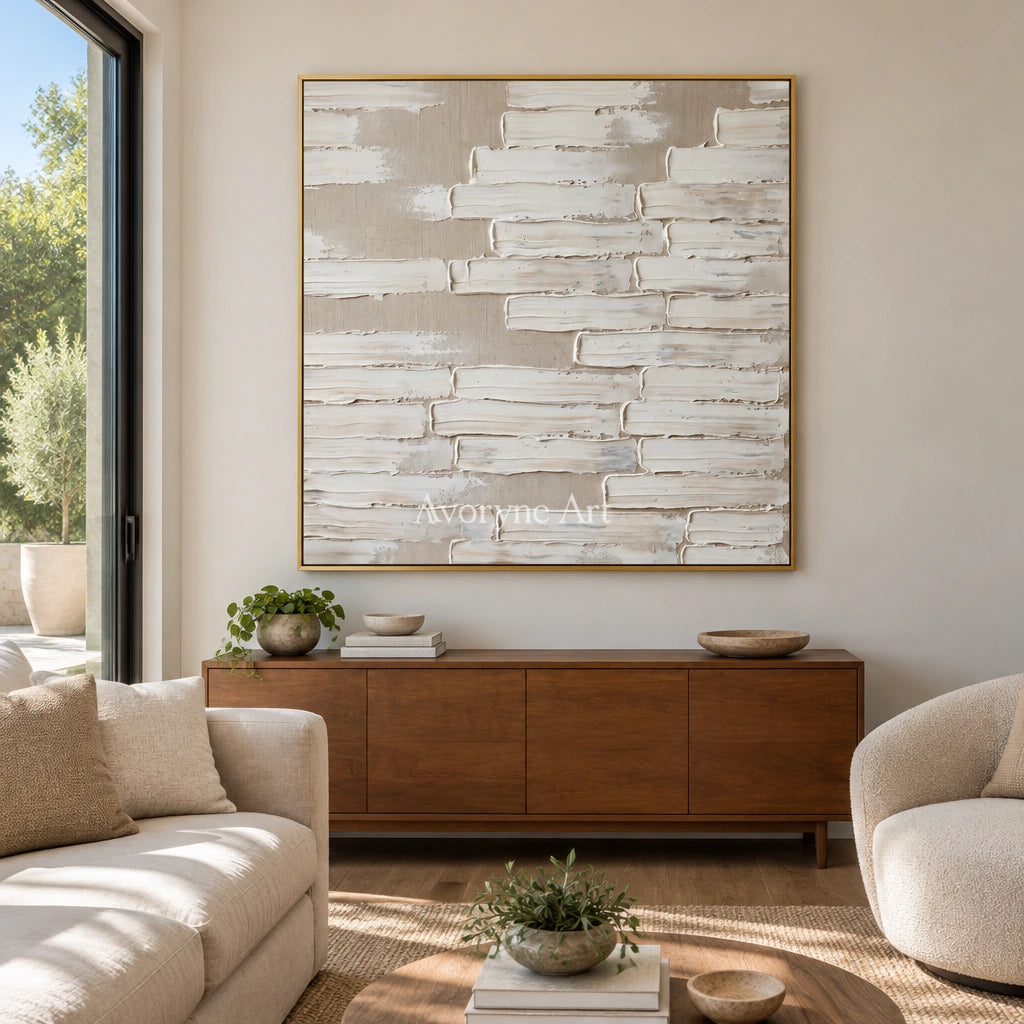 Misted Cadence neutral block relief wall art with a gold frame hanging in a living room