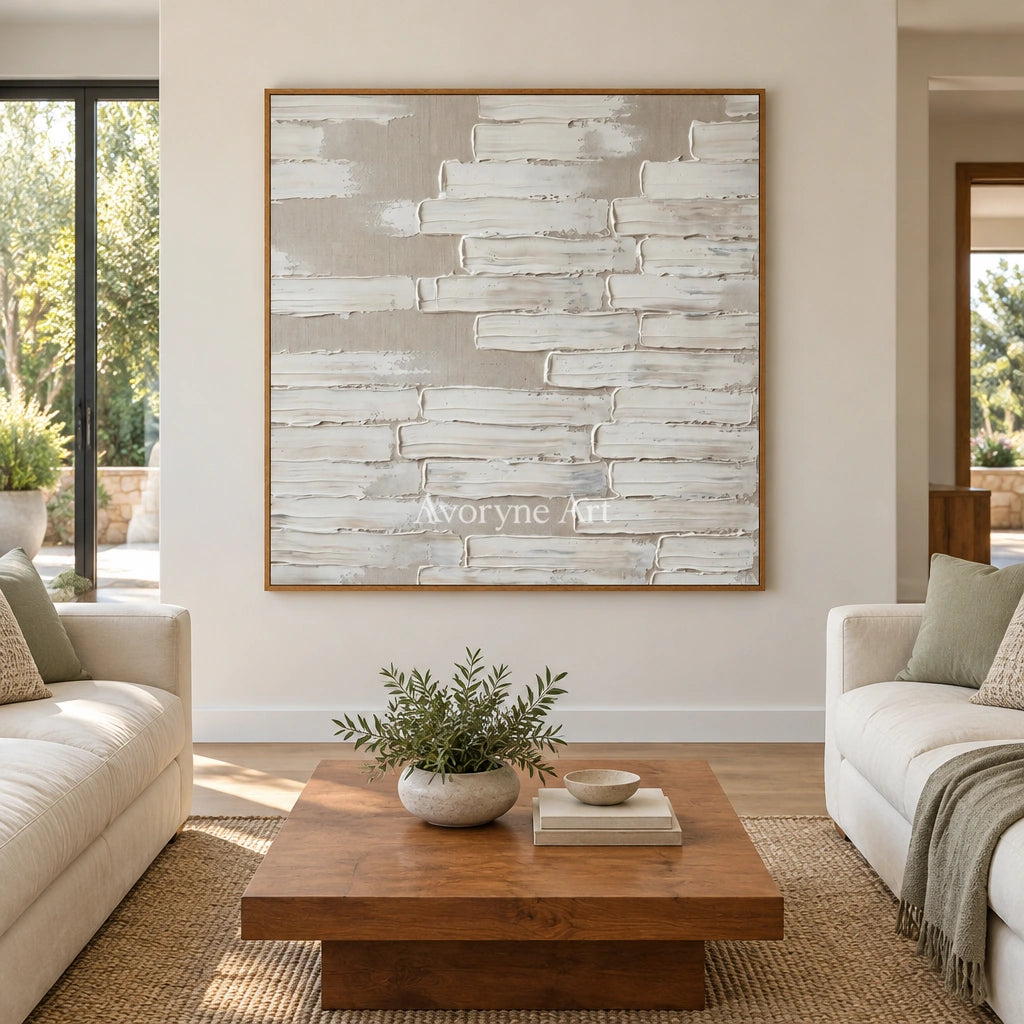 Misted Cadence neutral block relief wall art with a wood frame in a villa living space
