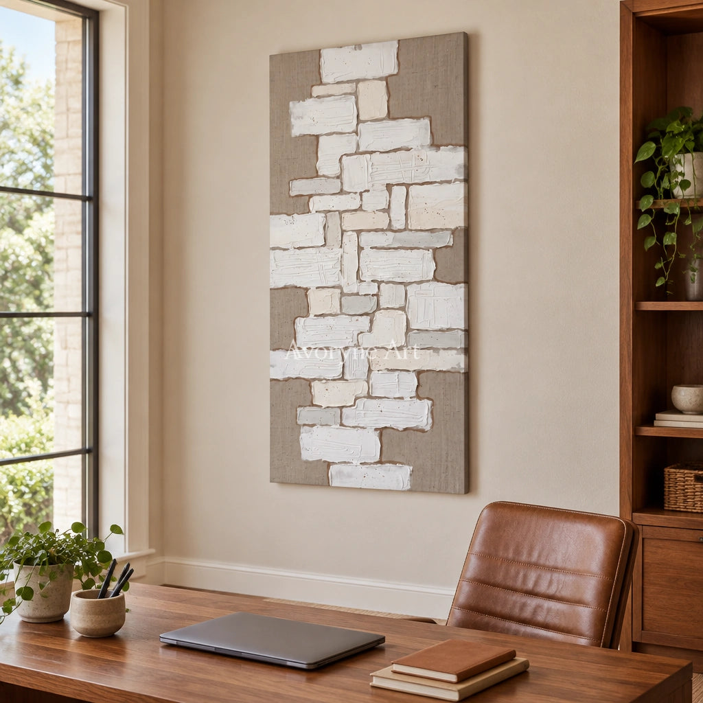 Misted Current neutral block relief wall art as a frameless stretched canvas in a home office