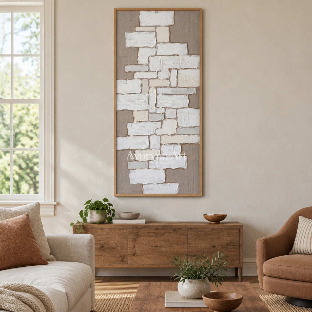 Misted Current neutral block relief wall art with a wood frame in a villa living space
