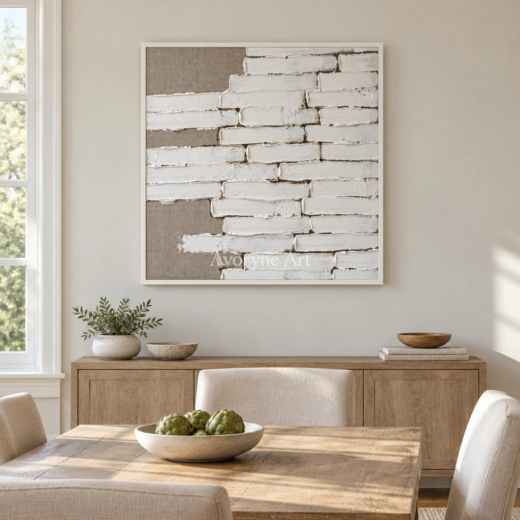 Misted Gesture neutral block relief wall art with a white frame in a dining room