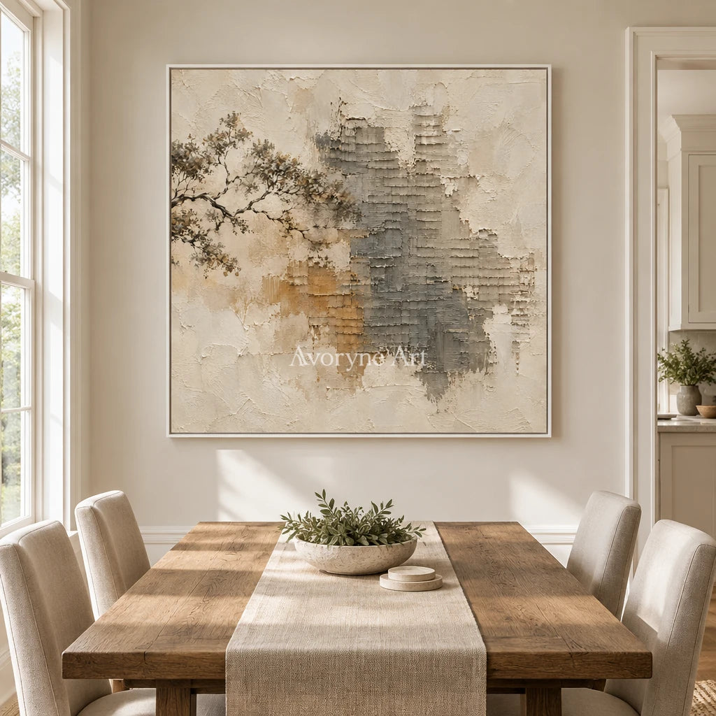 Branch and Stone: Neutral Branch Relief Wall Art — dining white