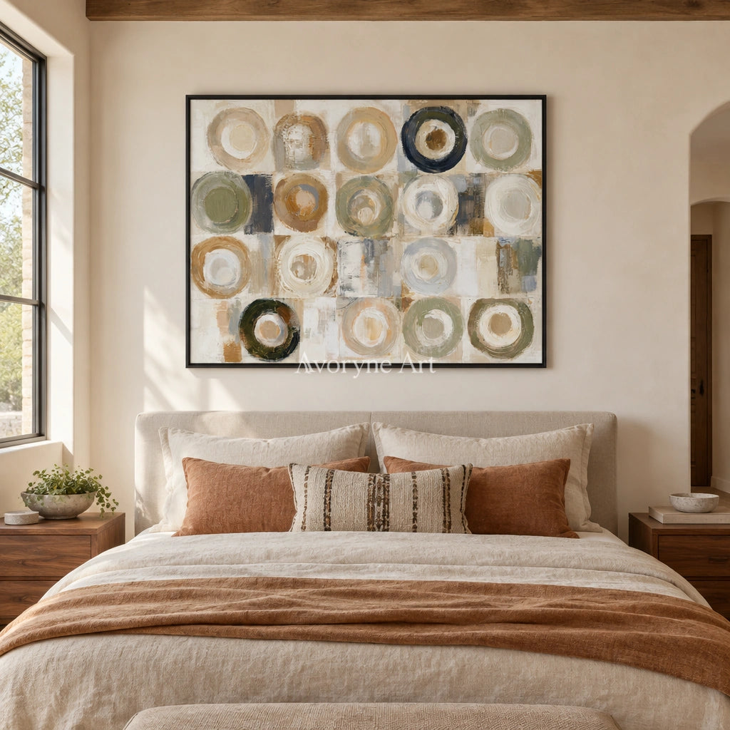 Ivory Gentle Passage: Neutral Circle Grid — bedroom black
