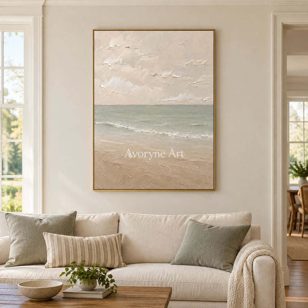 Muted Horizon: Neutral Coastal Landscape Wall Art — living gold