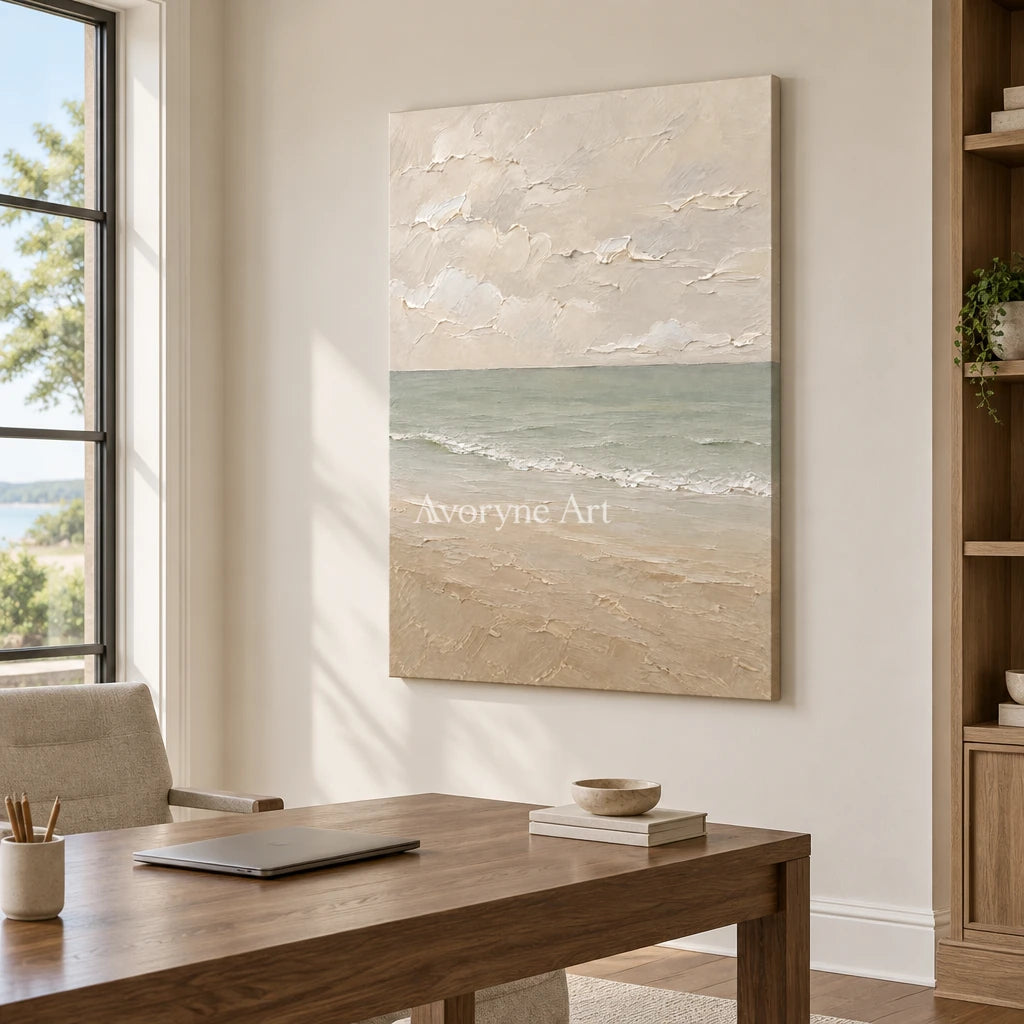 Muted Horizon: Neutral Coastal Landscape Wall Art — office frameless