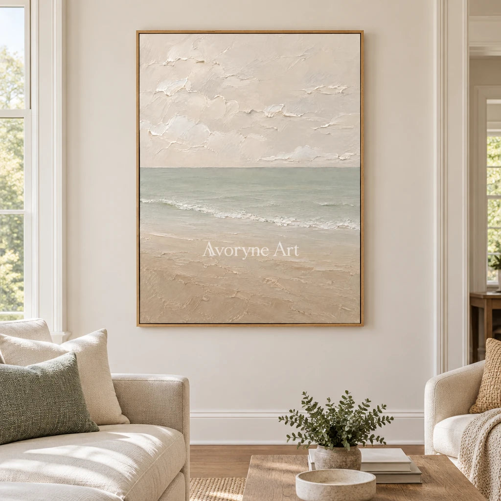 Muted Horizon: Neutral Coastal Landscape Wall Art — villa wood