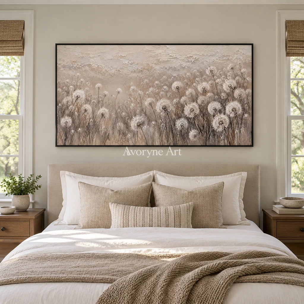 Seedlight Meadow: Neutral Dandelion Field Wall Art — bedroom black