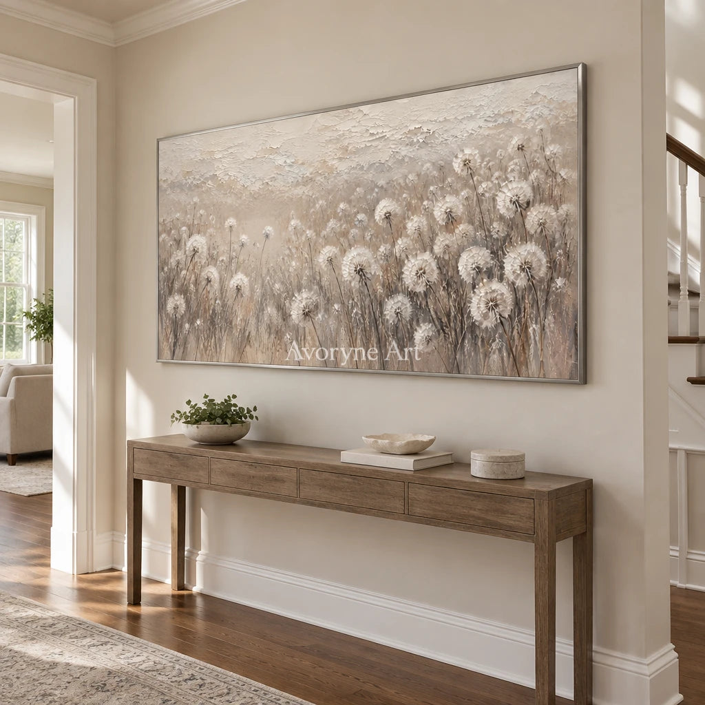 Seedlight Meadow: Neutral Dandelion Field Wall Art — entry silver
