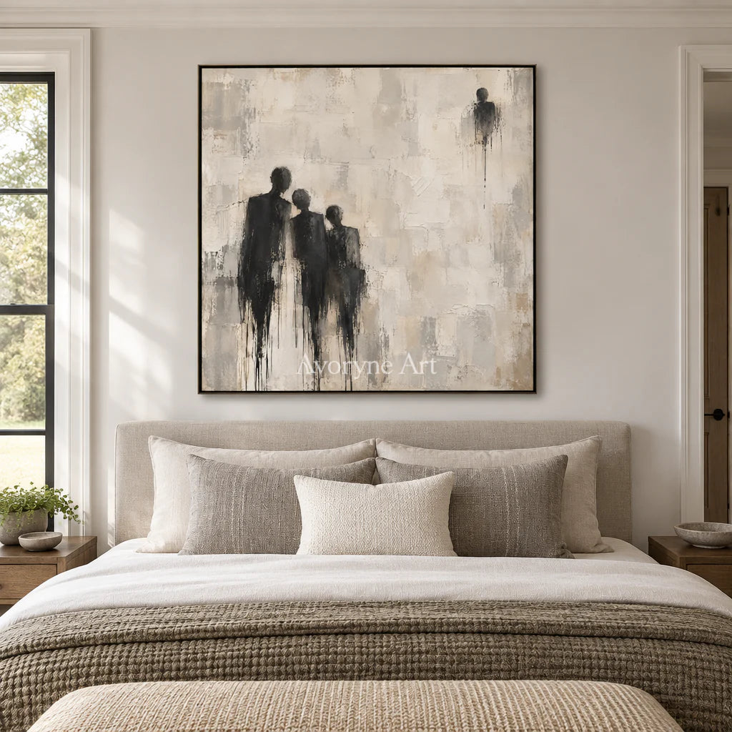 Distant Company: Neutral Figure Abstract Wall Art — bedroom black