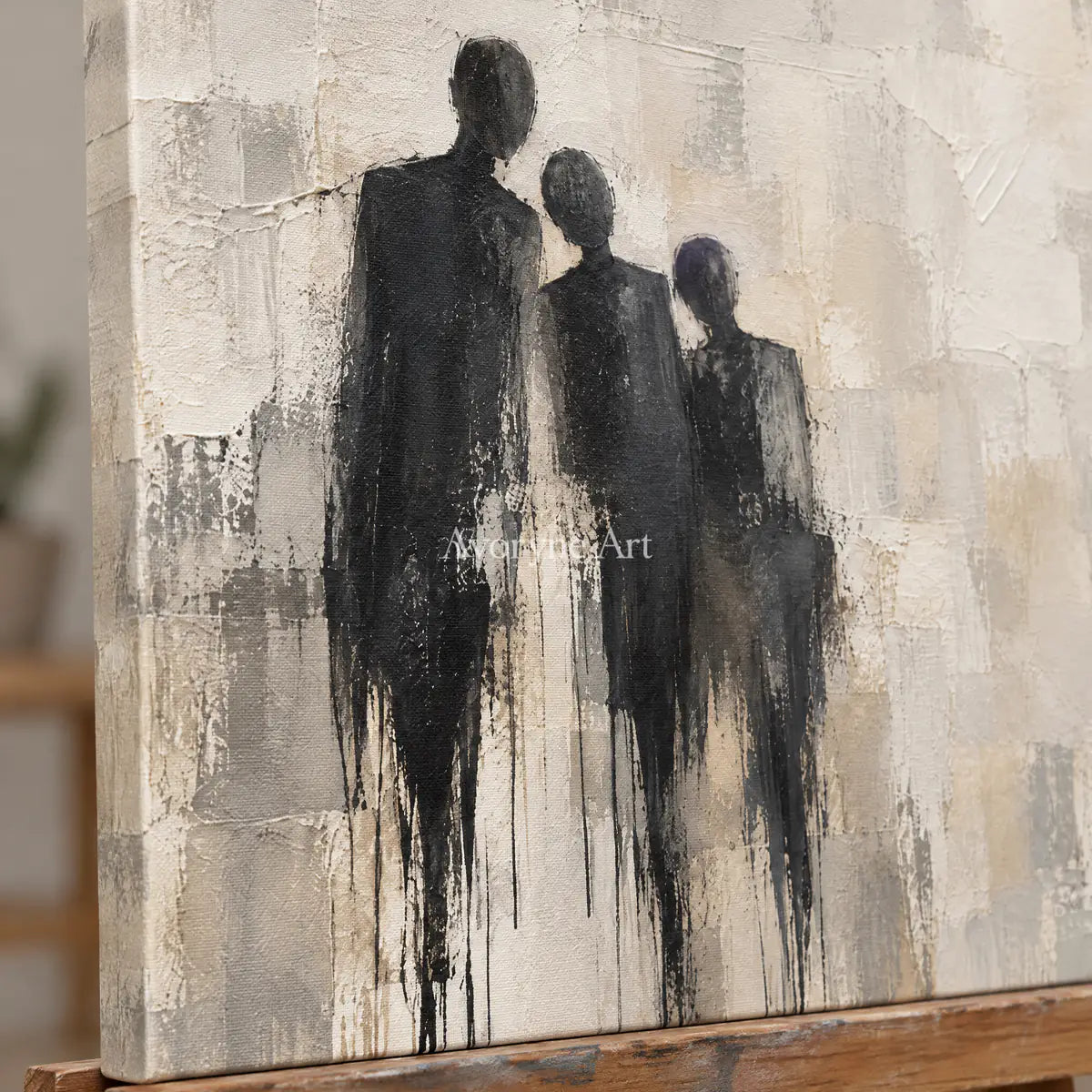 Distant Company: Neutral Figure Abstract Wall Art — detail easel