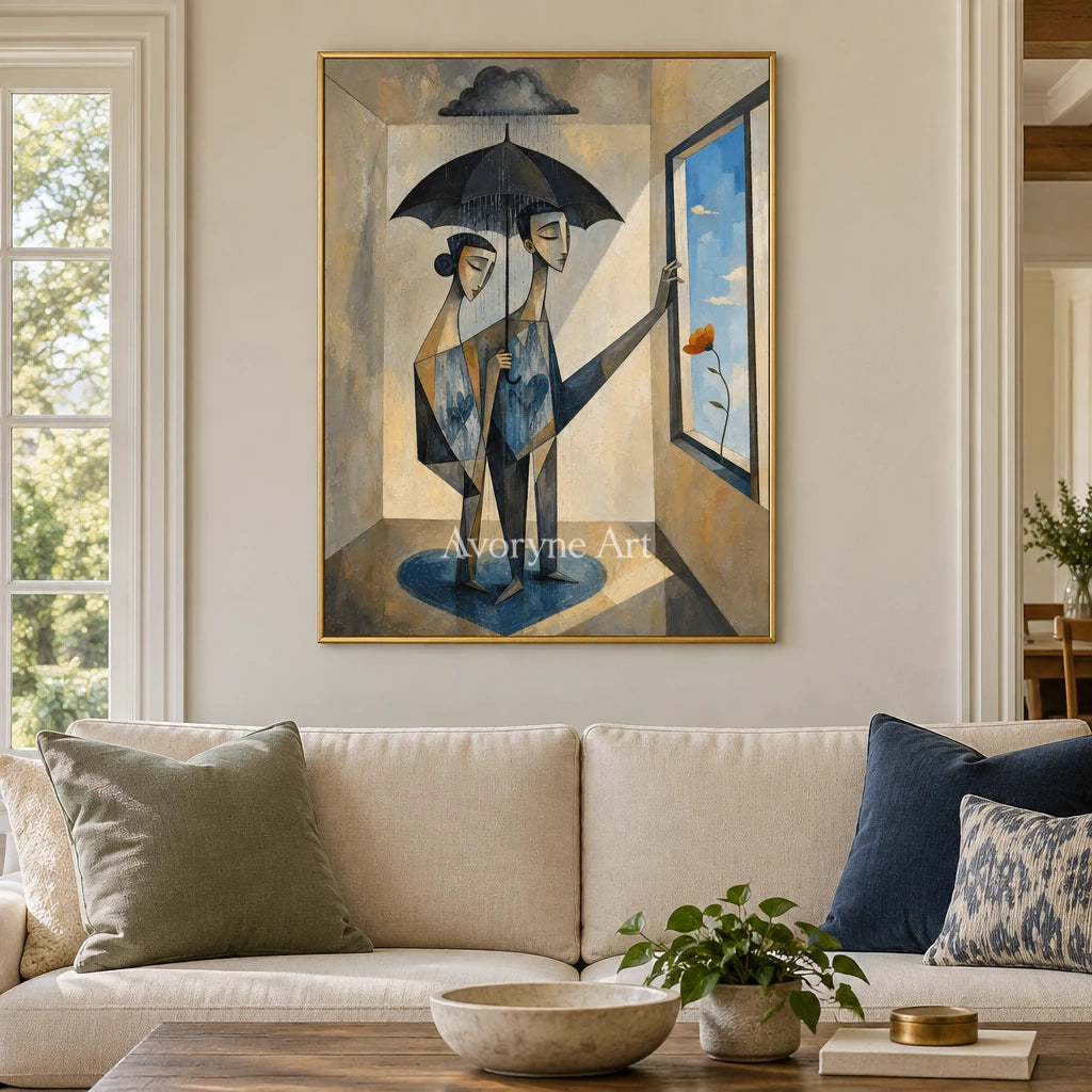Blue Reverie neutral figure wall art with a gold frame hanging in a living room