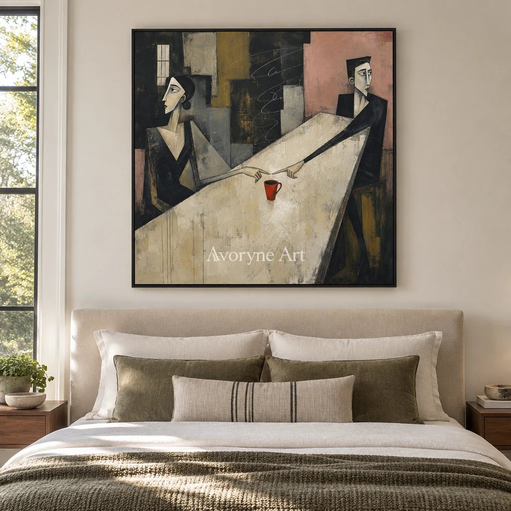 Blue Interval neutral figure wall art with a black frame above a bed in a bedroom