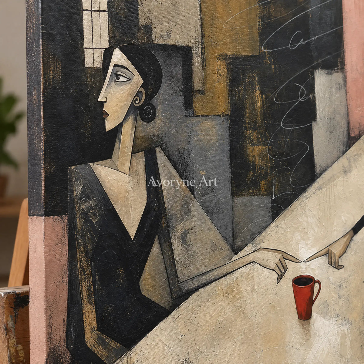 Close-up of the hand-painted texture of Blue Interval neutral figure wall art on an easel