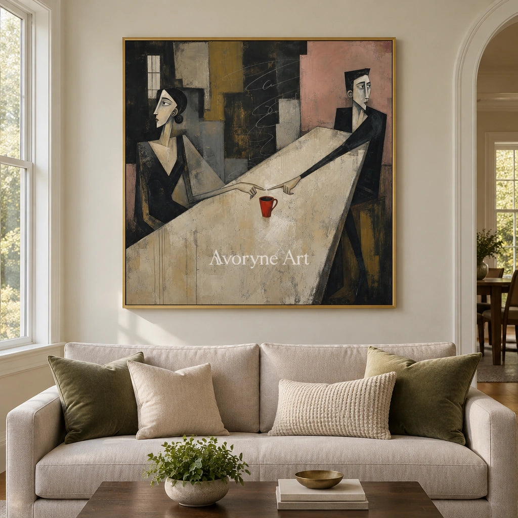 Blue Interval neutral figure wall art with a gold frame hanging in a living room