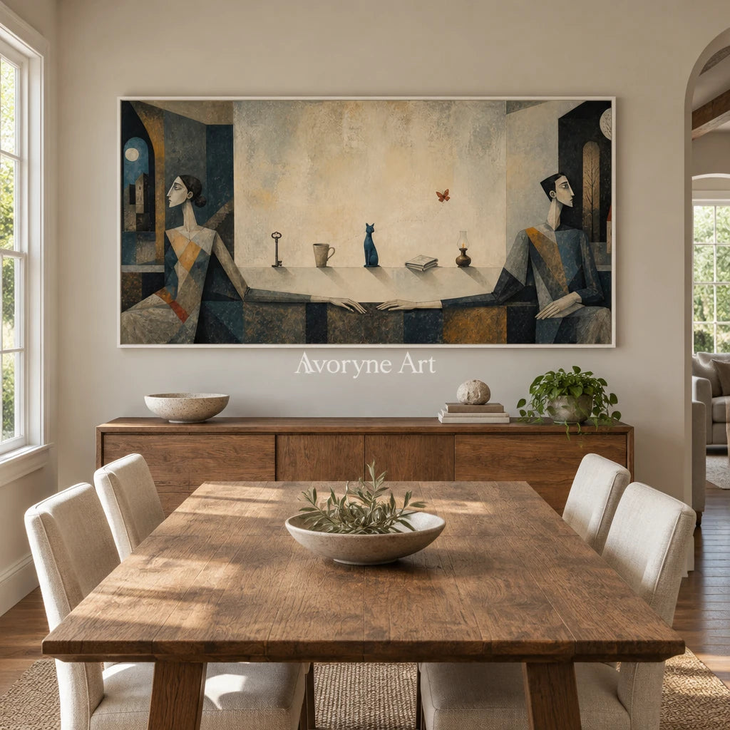 Blue Echo neutral figure wall art with a white frame in a dining room