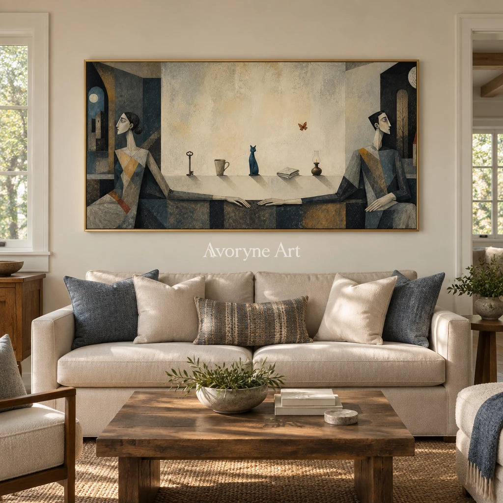 Blue Echo neutral figure wall art with a gold frame hanging in a living room