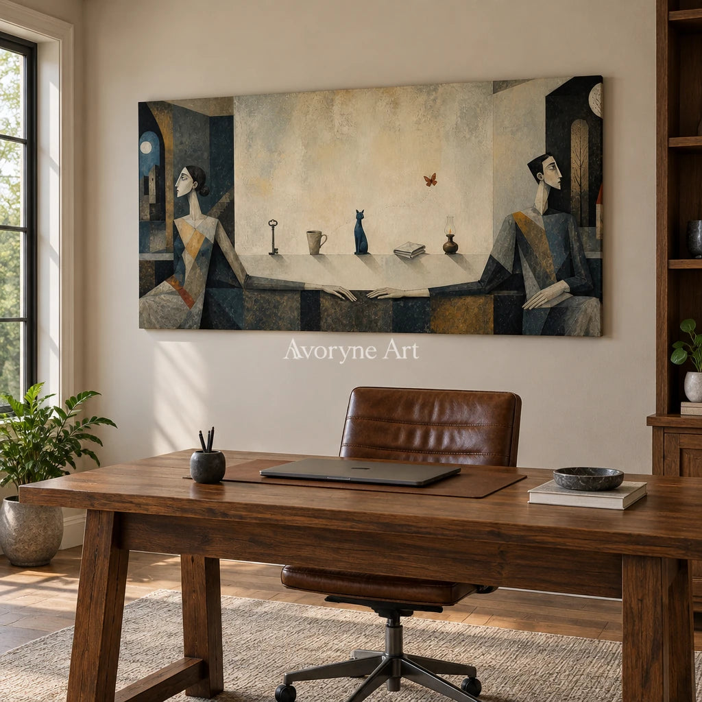Blue Echo neutral figure wall art as a frameless stretched canvas in a home office