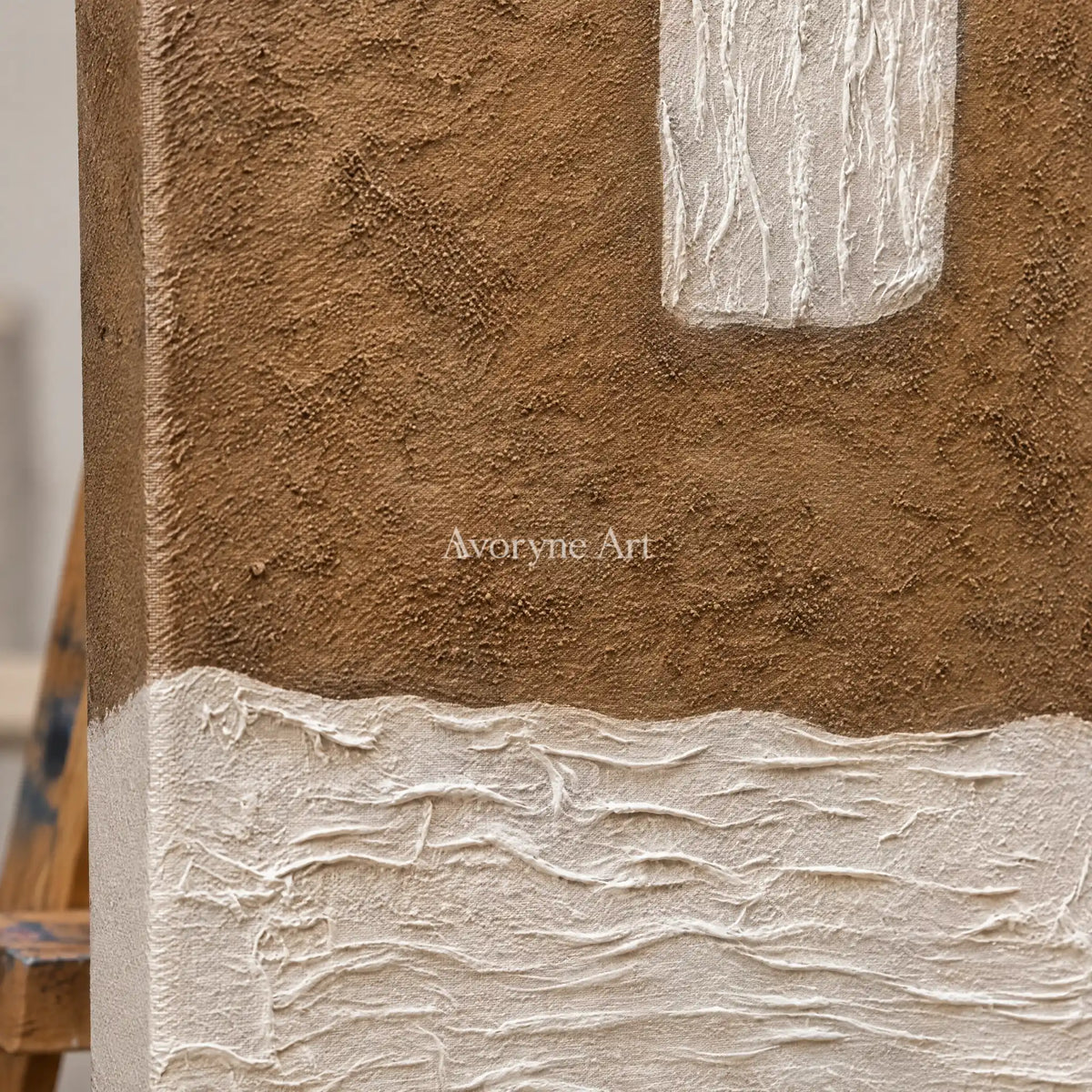 Close-up of the hand-painted texture of Muted Current neutral fold relief diptych on an easel