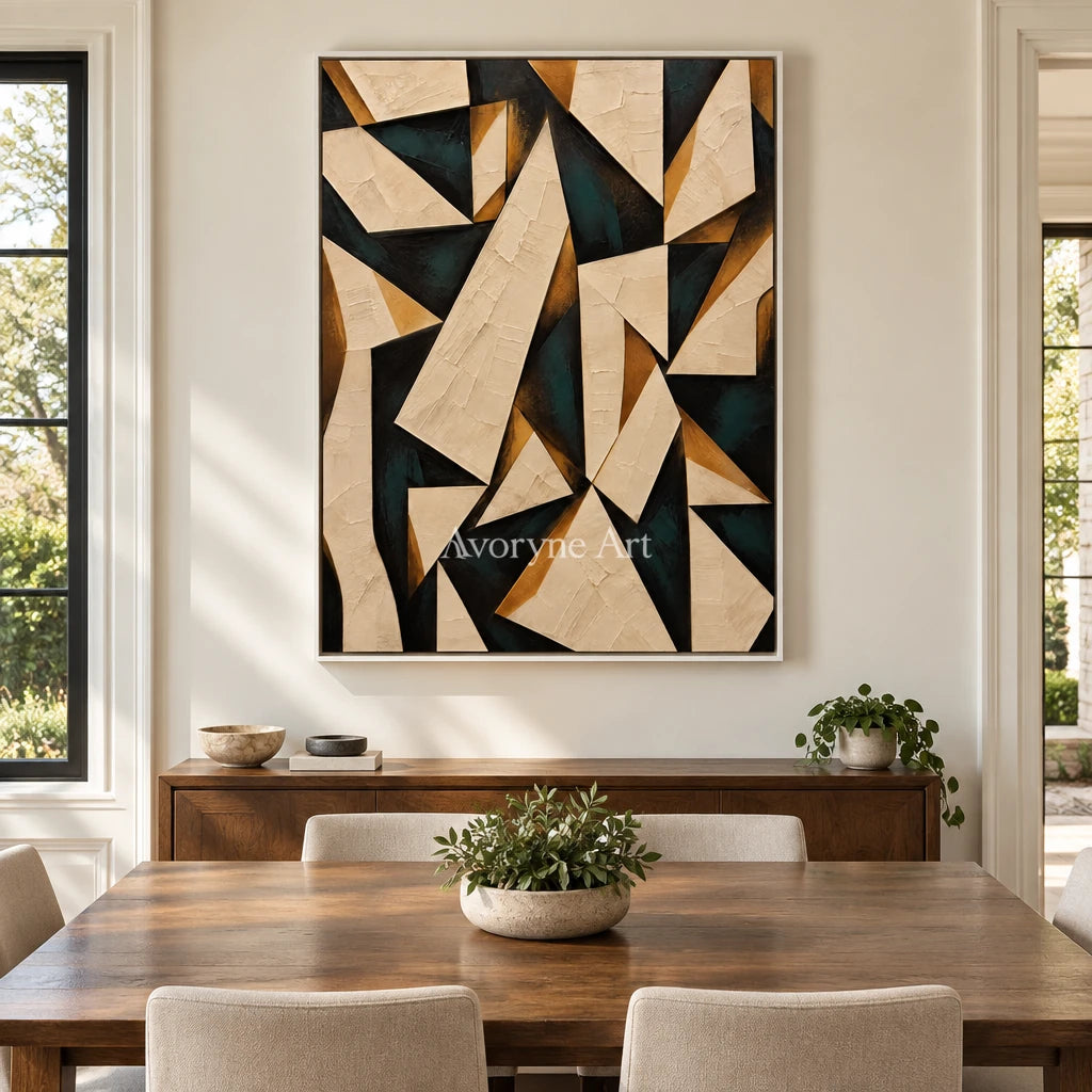 Folded Angles: Neutral Geometric Abstract Wall Art — dining white