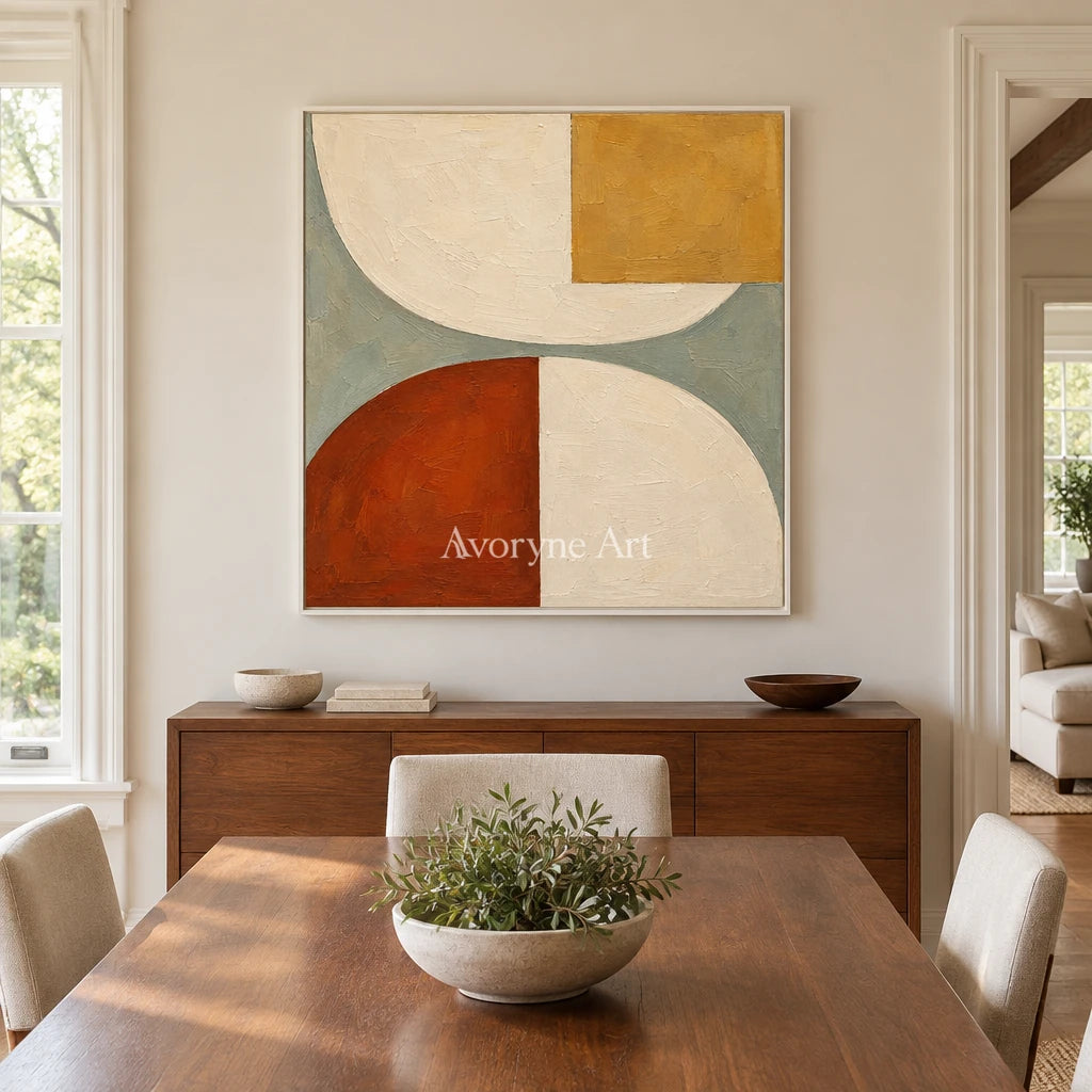 Arc and Ochre: Neutral Geometric Abstract Wall Art — dining white