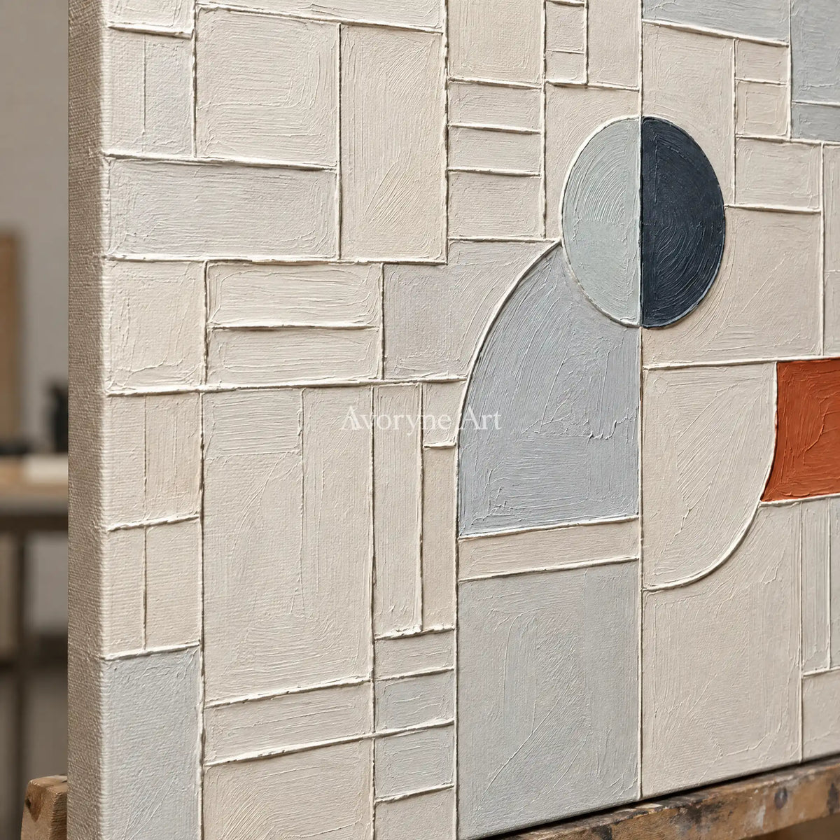Arc Assembly: Neutral Geometric Grid Wall Art — detail easel