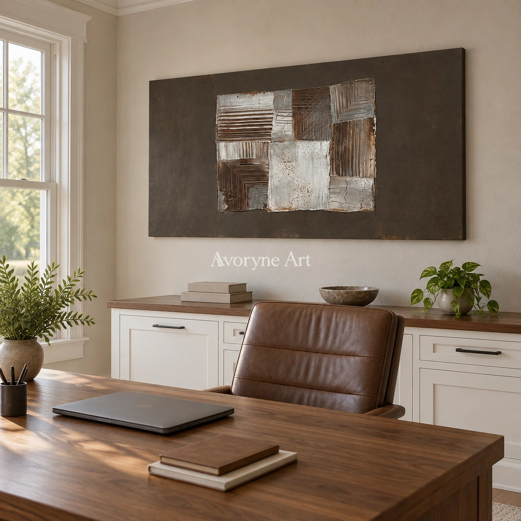 Hushed Refrain neutral geometric relief wall art as a frameless stretched canvas in a home office