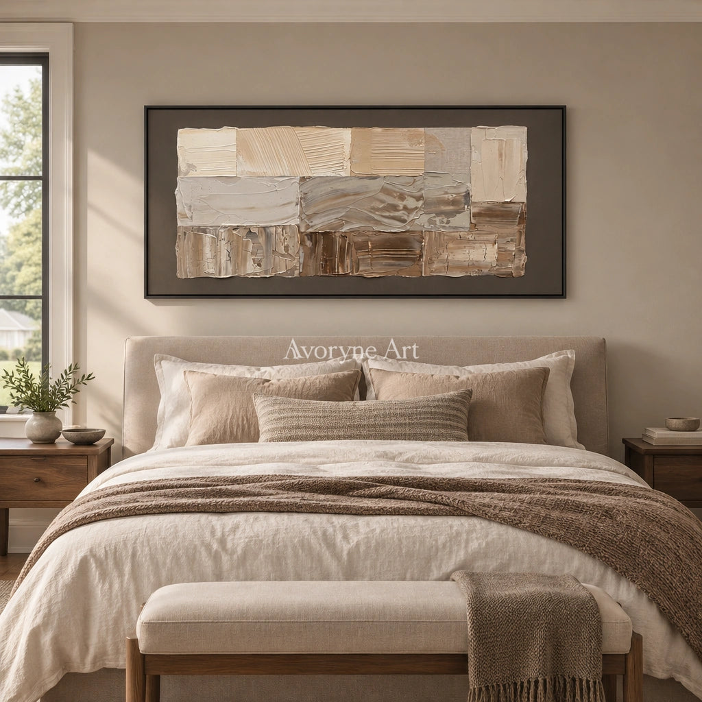 Hushed Interval neutral geometric relief wall art with a black frame above a bed in a bedroom
