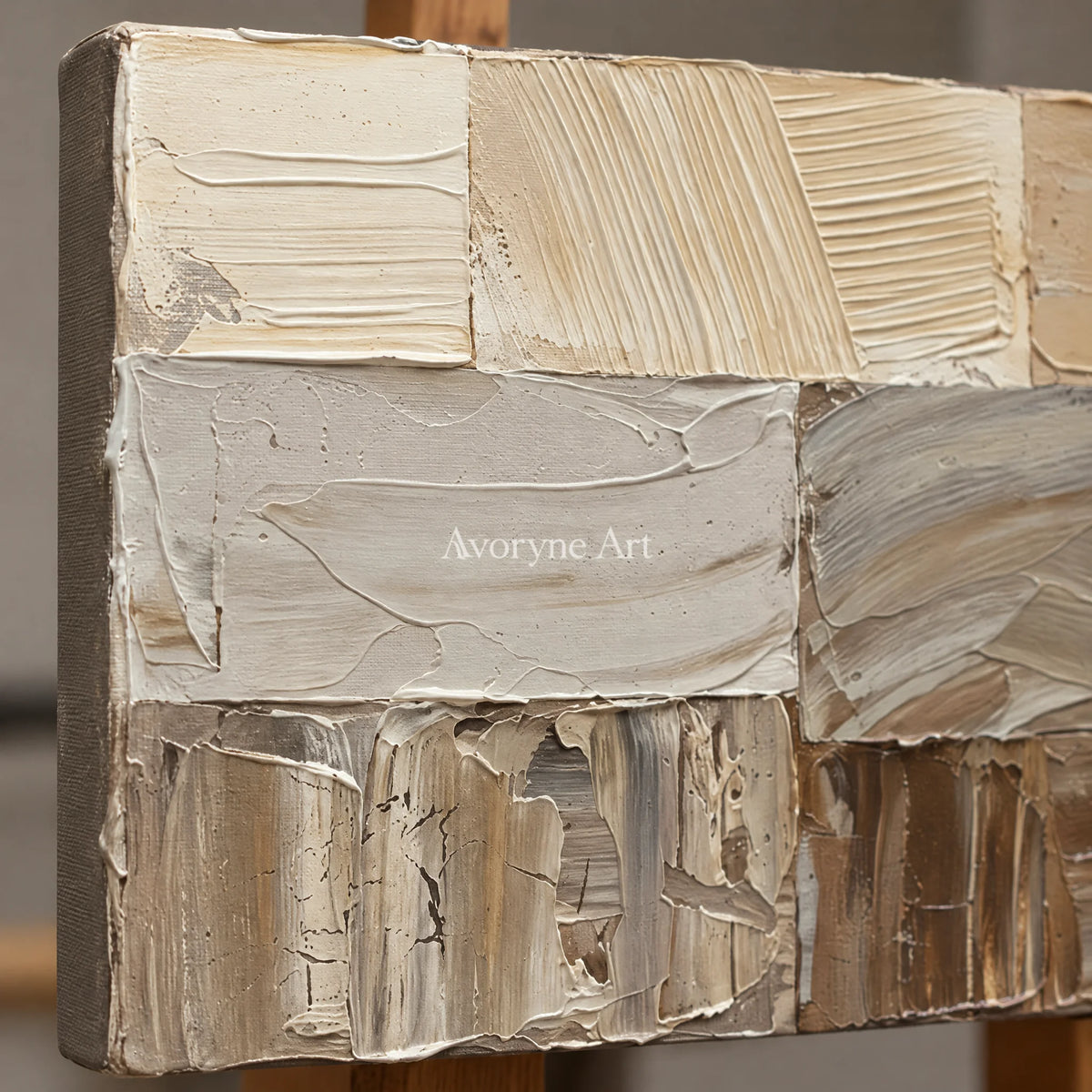 Close-up of the hand-painted texture of Hushed Interval neutral geometric relief wall art on an easel