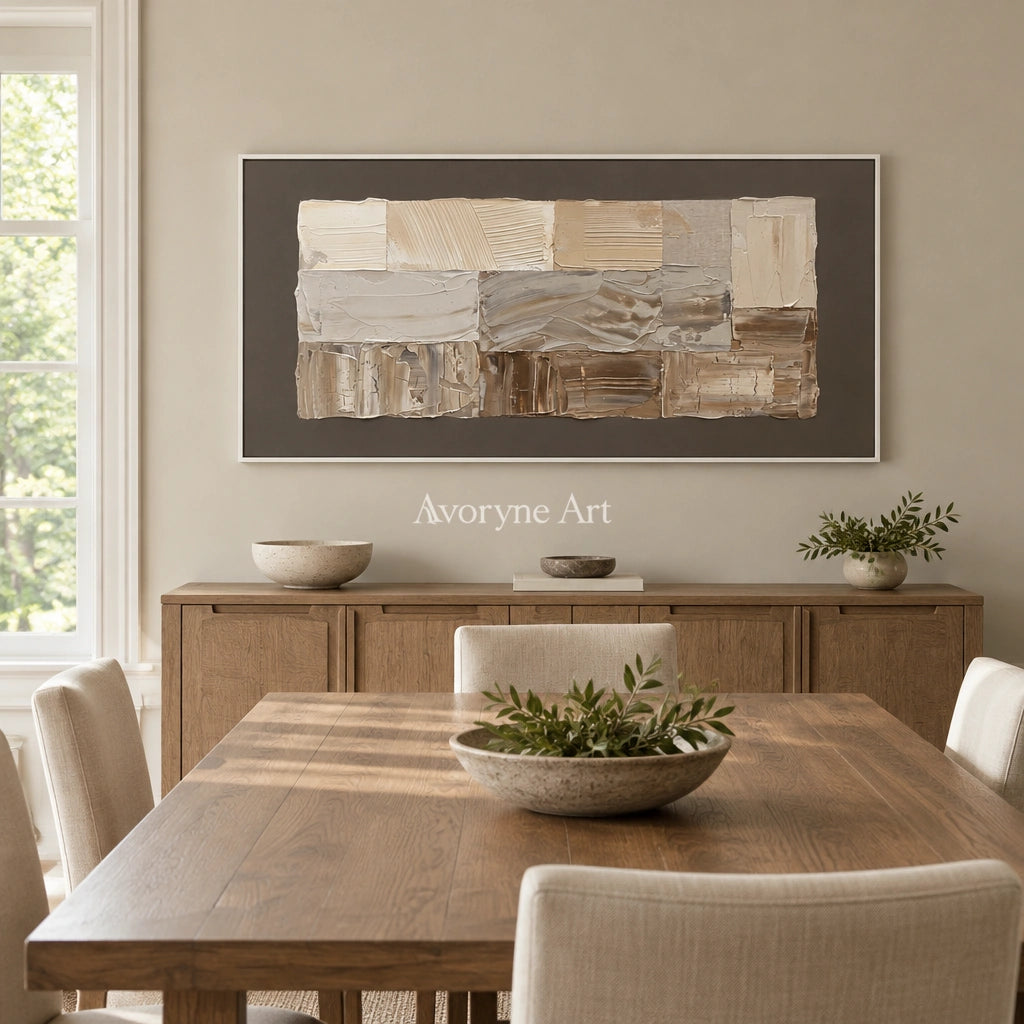 Hushed Interval neutral geometric relief wall art with a white frame in a dining room