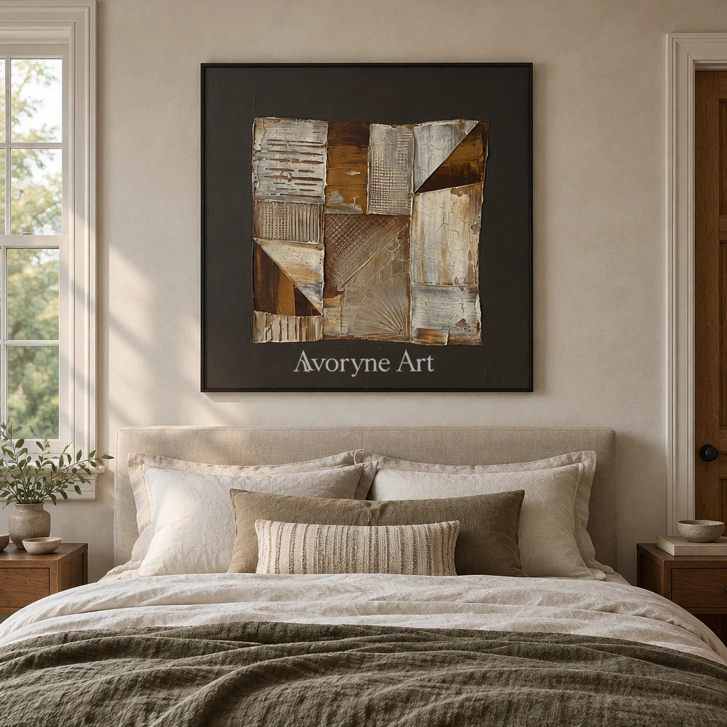Hushed Verse neutral geometric relief wall art with a black frame above a bed in a bedroom