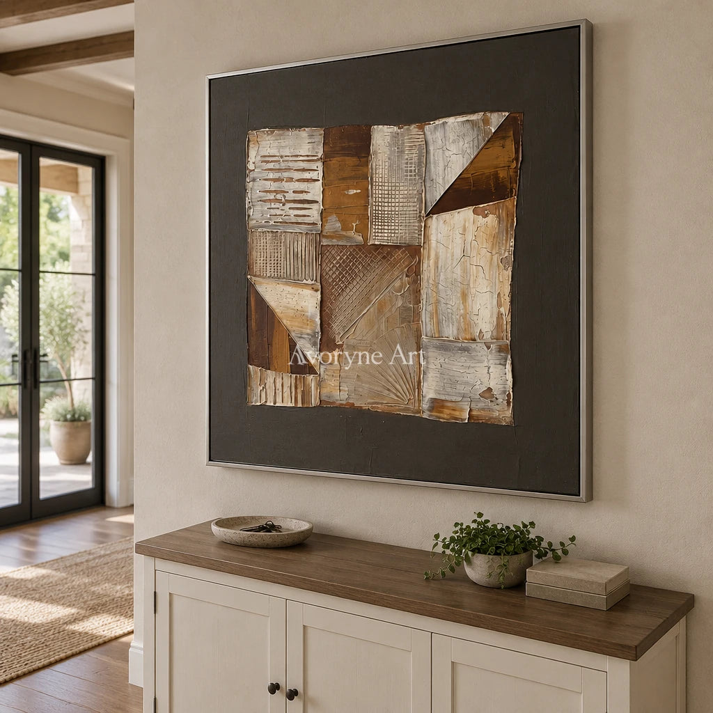 Hushed Verse neutral geometric relief wall art with a silver frame in an entryway