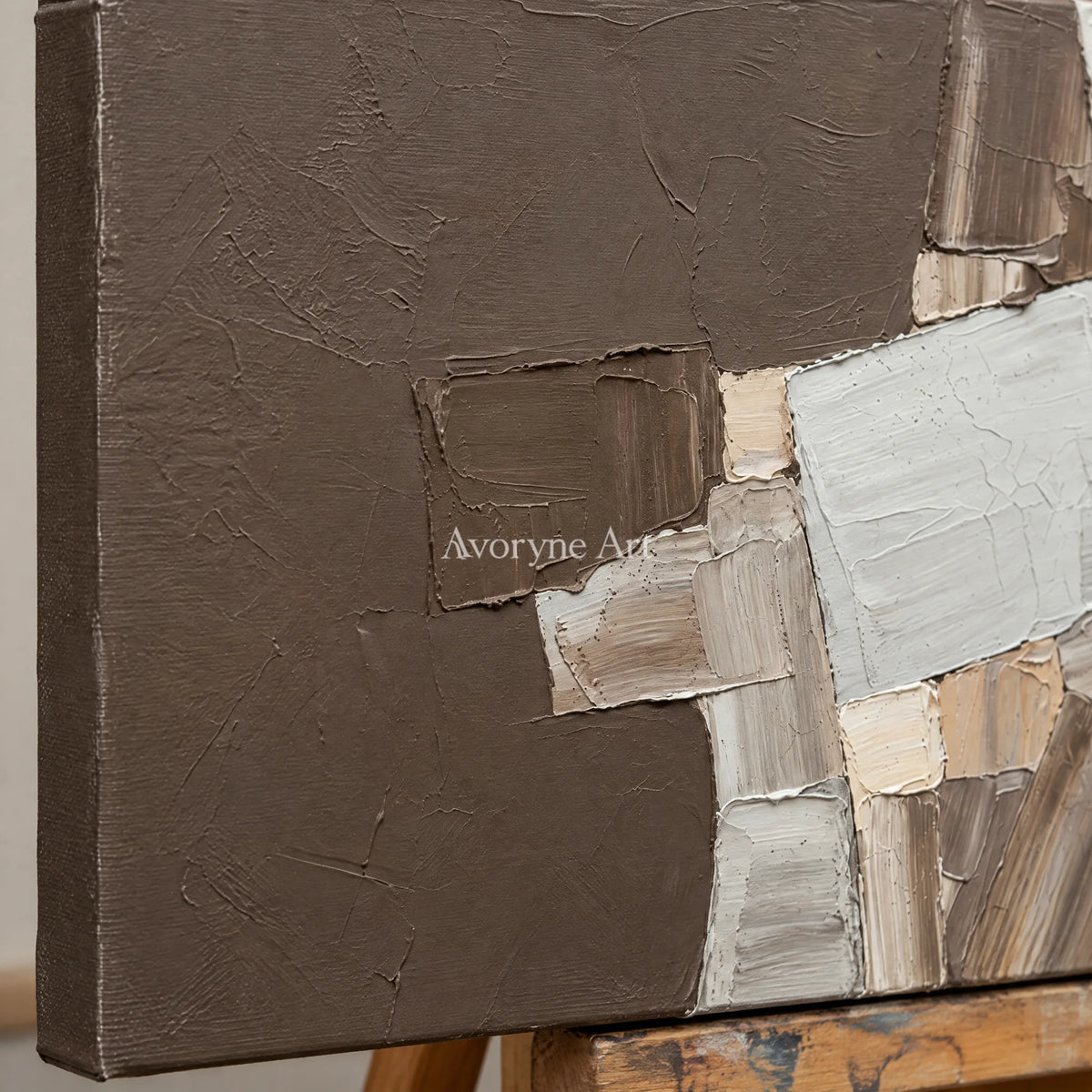 Close-up of the hand-painted texture of Hushed Sonata neutral geometric relief wall art on an easel