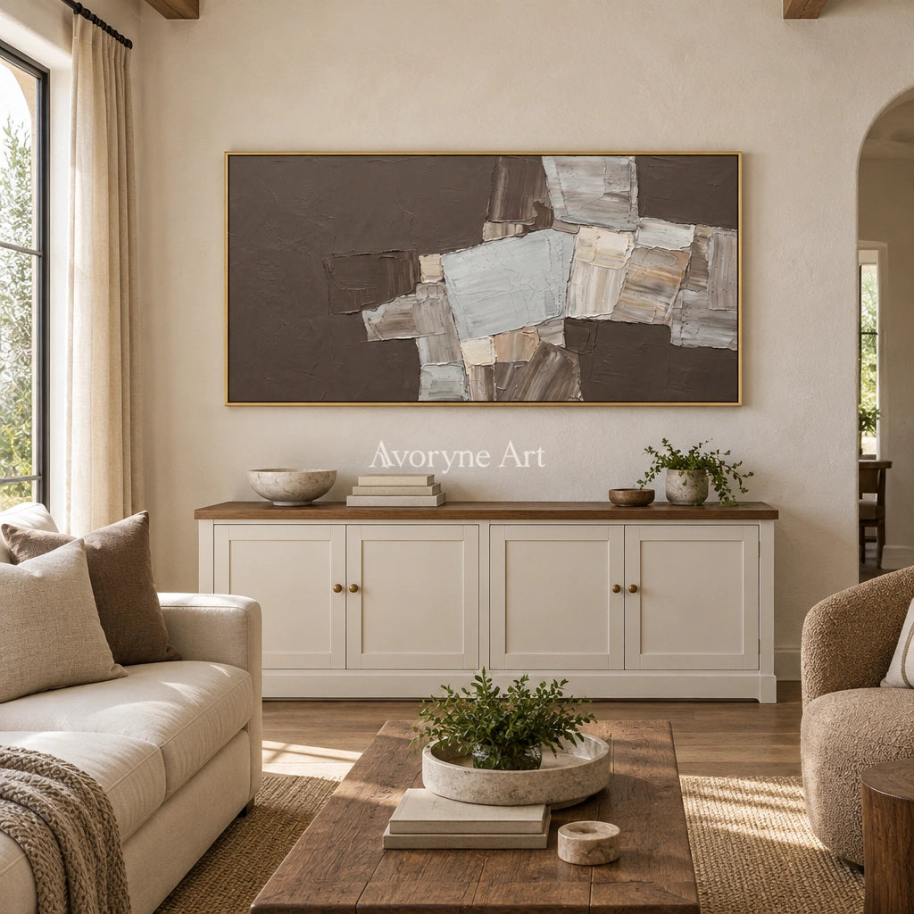 Hushed Sonata neutral geometric relief wall art with a gold frame hanging in a living room