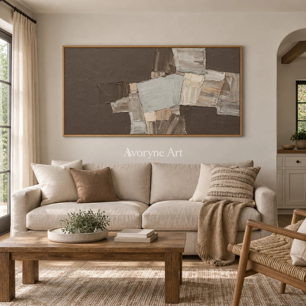 Hushed Sonata neutral geometric relief wall art with a wood frame in a villa living space