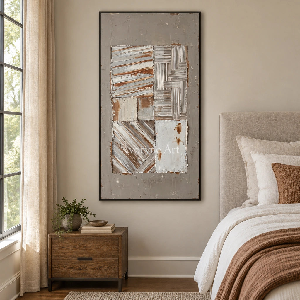 Mineral Measure neutral geometric relief wall art with a black frame above a bed in a bedroom
