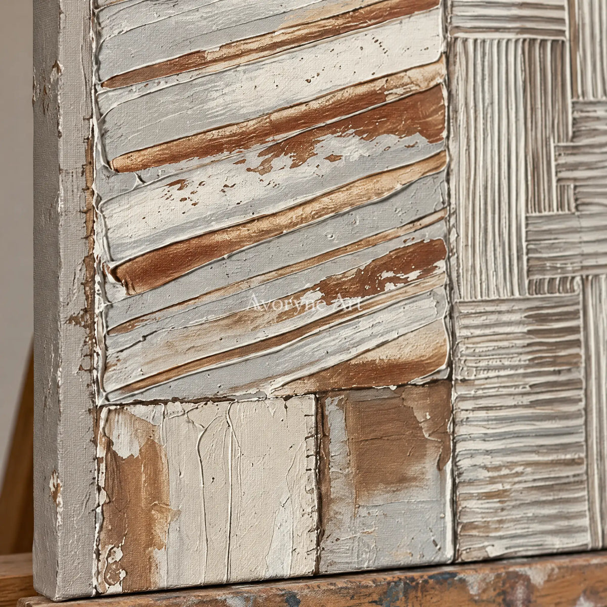 Close-up of the hand-painted texture of Mineral Measure neutral geometric relief wall art on an easel