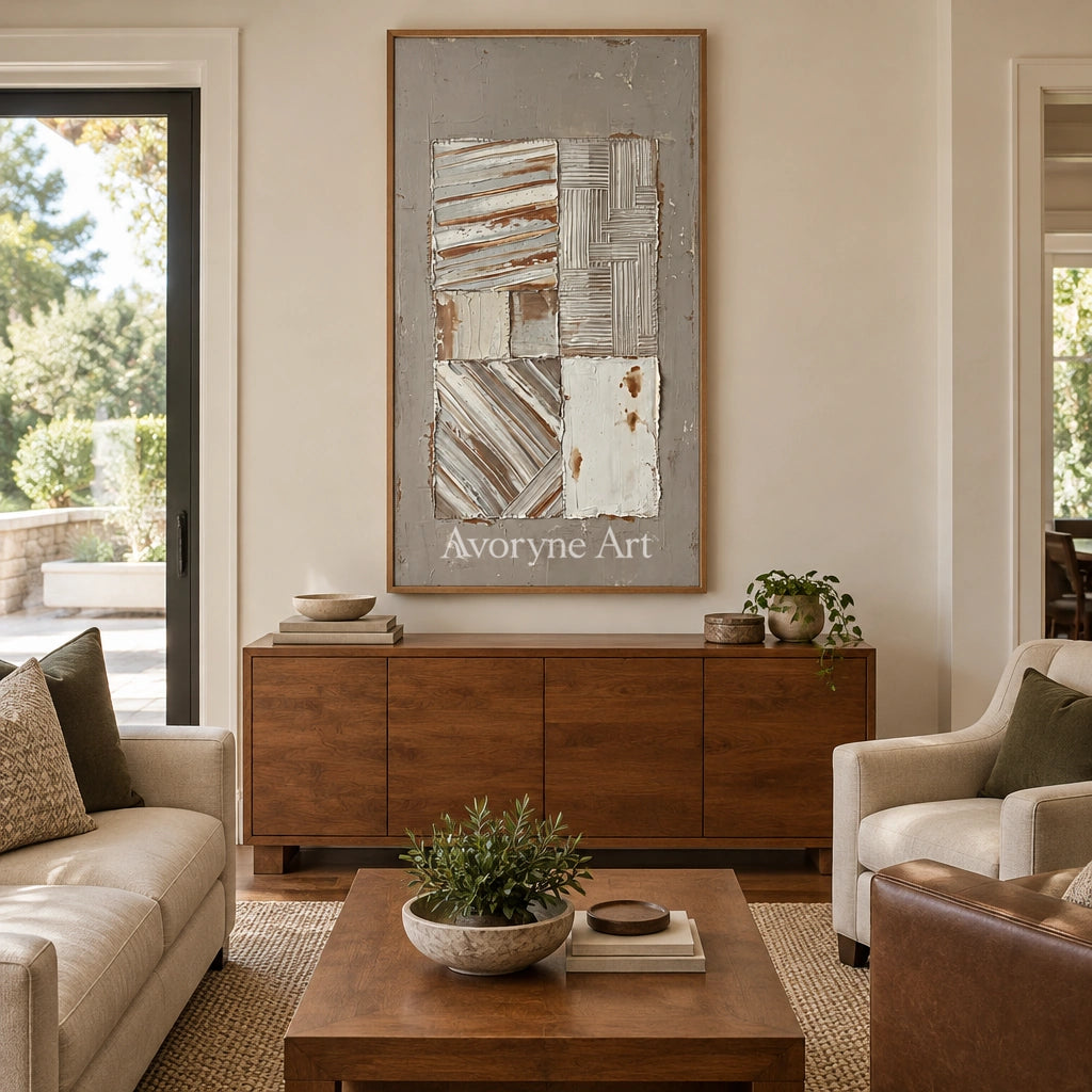 Mineral Measure neutral geometric relief wall art with a wood frame in a villa living space